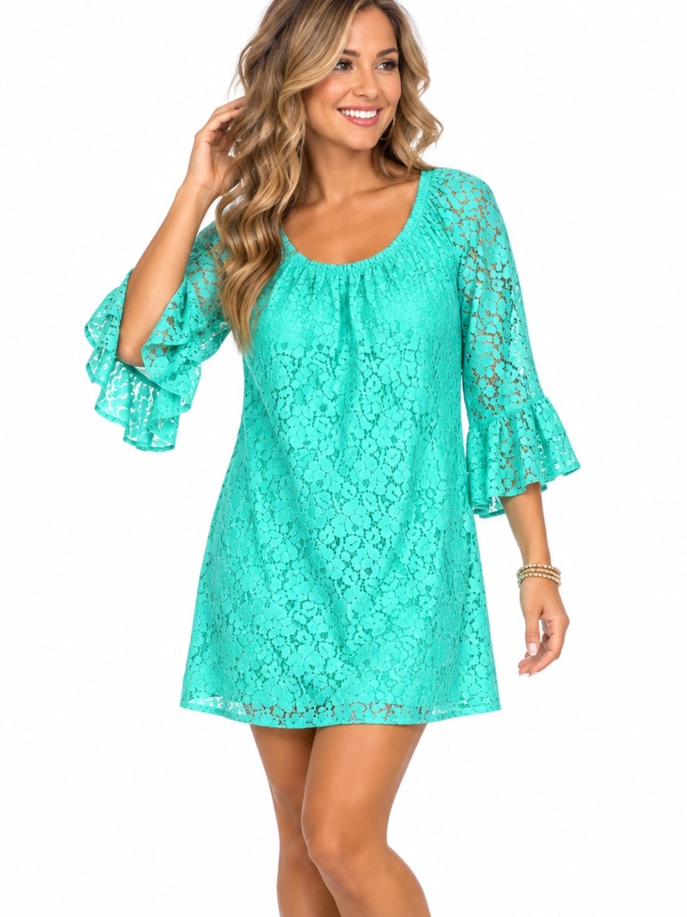 VOLL Style Turquoise Floral Lace Bell Sleeve Off Shoulder Mini Dress